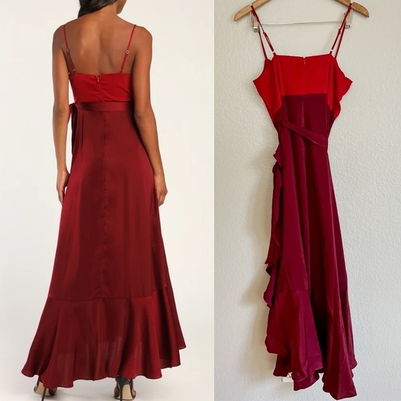 NWOT Burgundy Color Block Satin Ruffled Maxi Dress - Picture 3 of 8